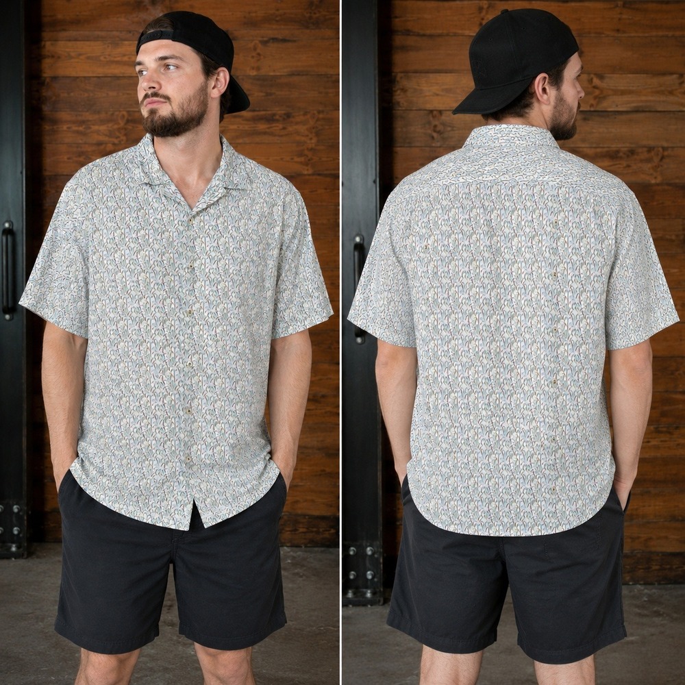 Stitch Note Mens‎ L European Linen Short Sleeve Button Up Shirt Abstract Print